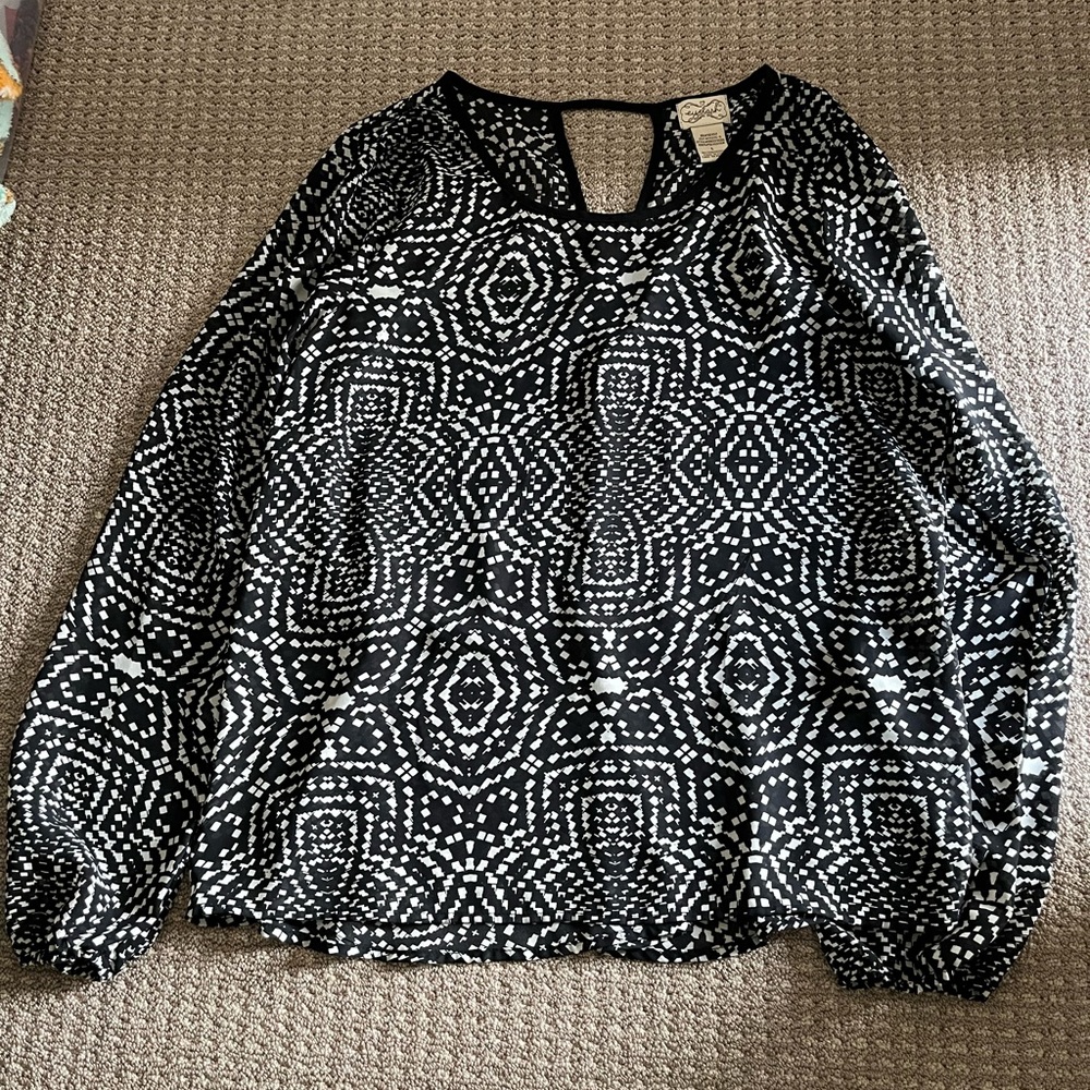 Sheer long-sleeve black and white blouse.